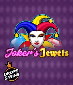 Enjoy the vibrant charm of Joker's Jewels slot by Pragmatic Play, highlighting a captivating joker's mask embellished with a multicolored jester hat. This image captures the joyful spirit of classic slots, set against a lavender background. Great for casino game enthusiasts, promising a thrilling play experience. 